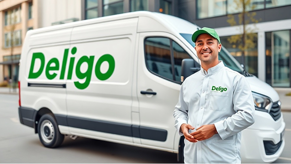 Professional Déligo delivery agent standing next to branded delivery van